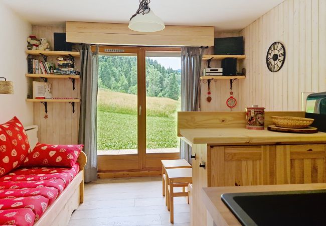 Furnished, modern living room with mountain view